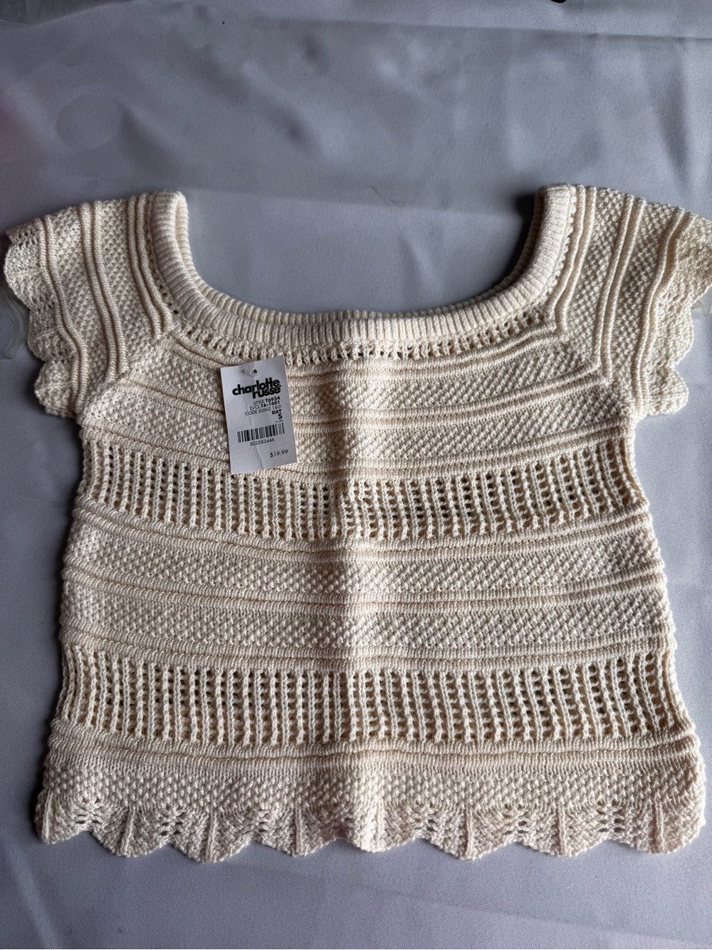 Charlotte Russe Ivory Open-Knit Scallop Hem Short Sleeve Sweater